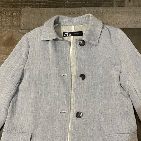 Zara Linen Duster Trench Coat Jacket Button Front Pockets Blue White Women’s S - Picture 10 of 16